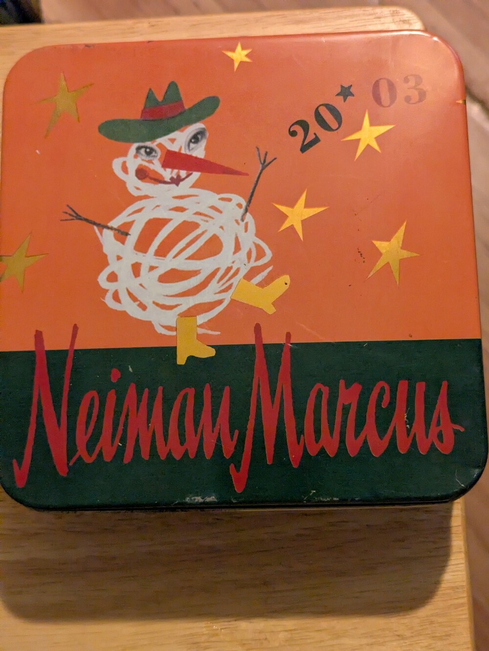 Vintage Neiman Marcus Orange and Green Holiday Tin with White Label